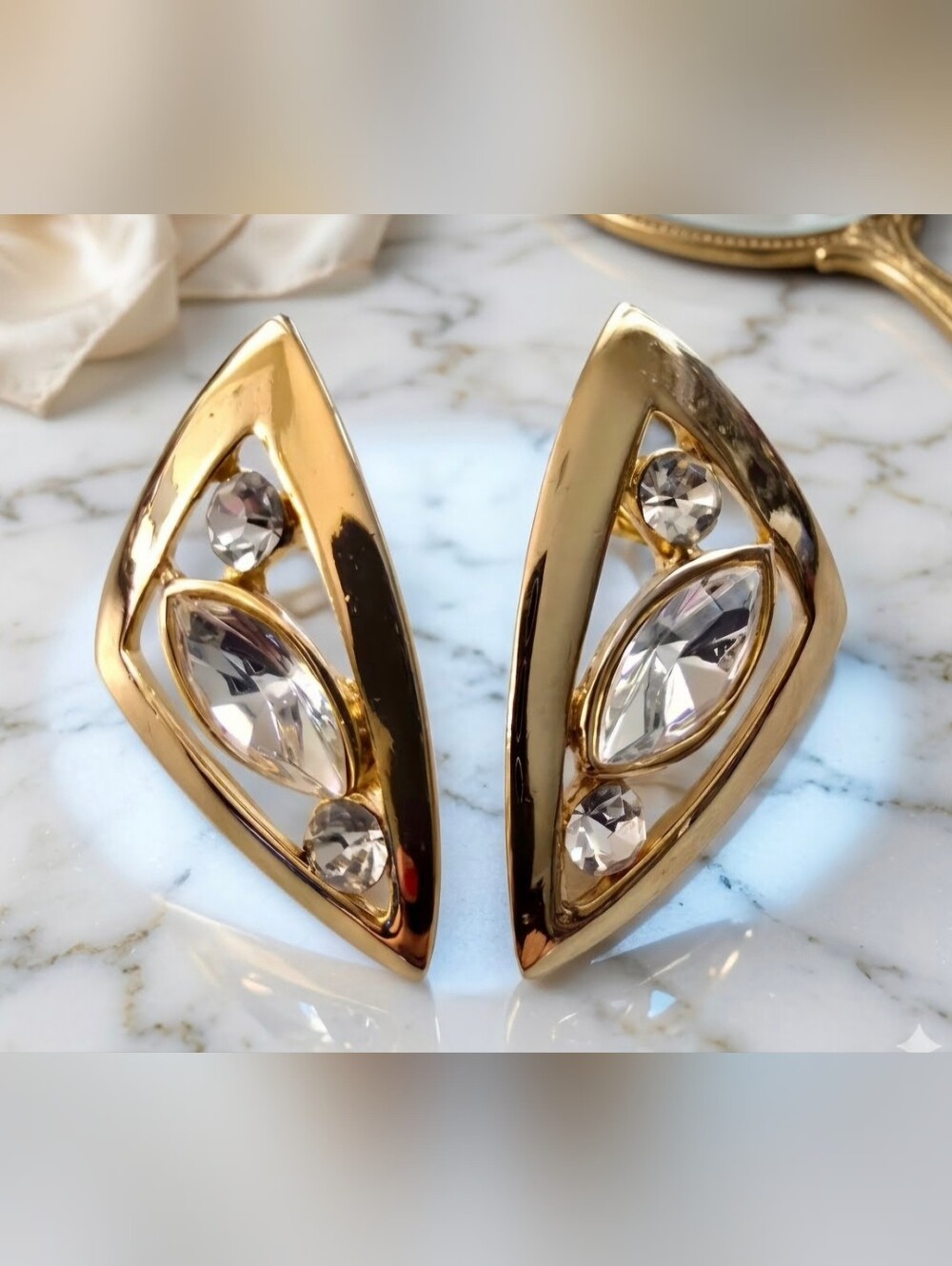 Gold Crystal Marquise Statement Earrings 80s Vintage